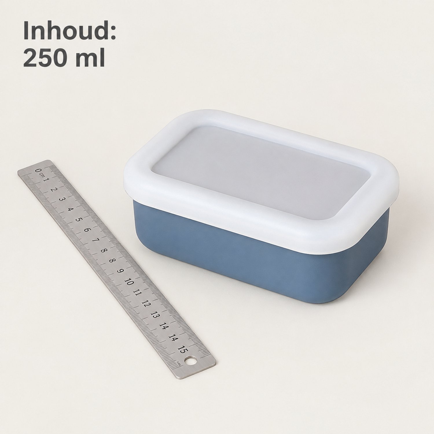 Broodtrommel van siliconen, 250 ml, rechthoekig met één vak, donkerblauwe bak met wit deksel