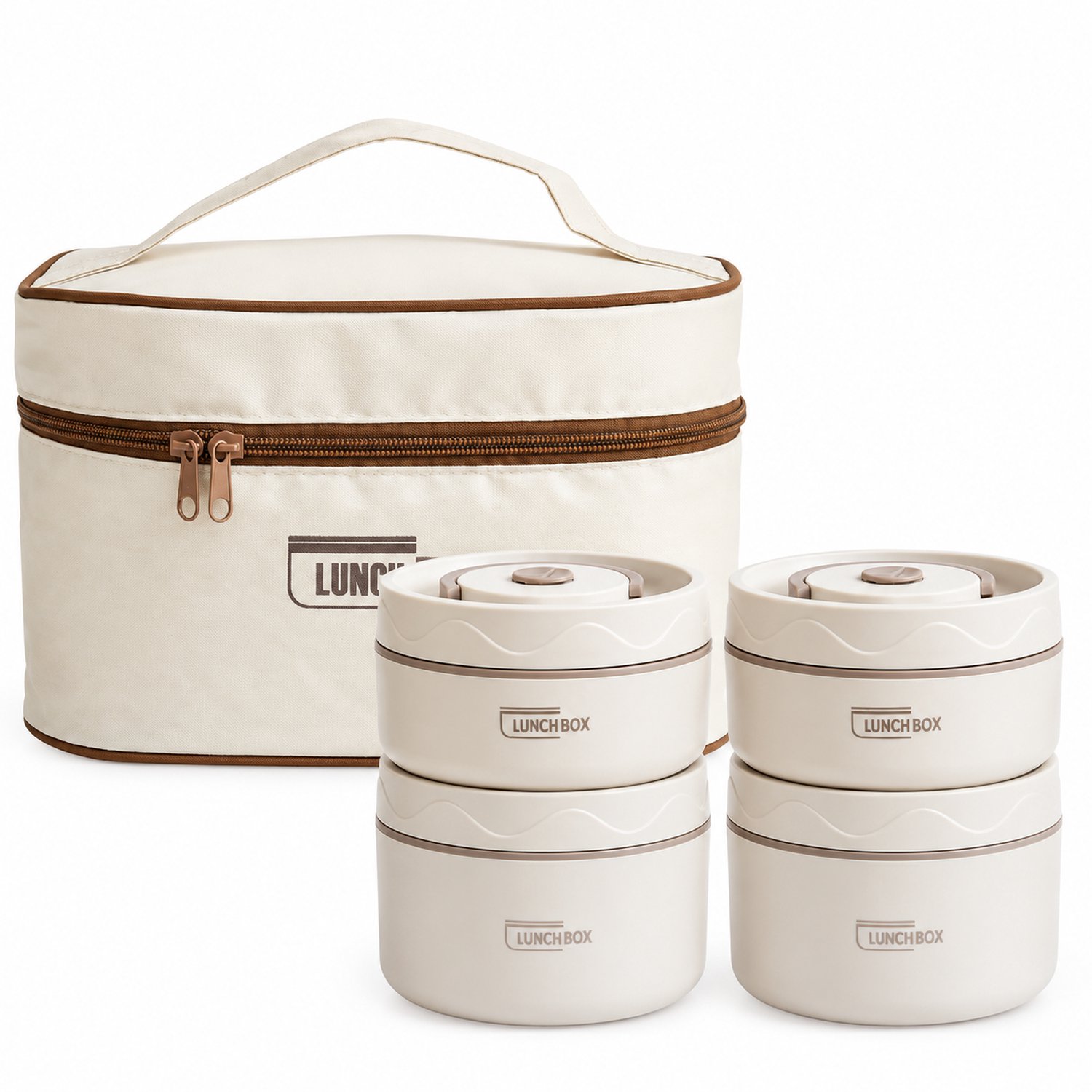 Broodtrommelset van 304 roestvrij staal, 4 ronde lunchboxen met geïsoleerde draagtas