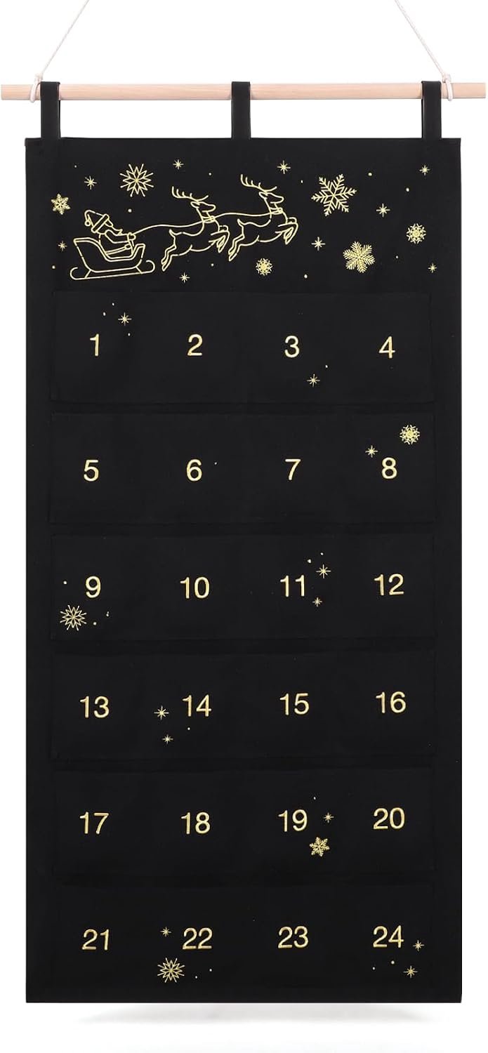 Adventskalender om te vullen - 24 stoffen zakjes - zwart goud design - persoonlijk kerstcadeau - Vemera
