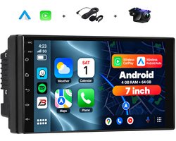 Boscer Autoradio 2DIN Universeel – 8-Core, 4+64GB – Android 15 – Draadloze Apple CarPlay & Android Auto – 7 Inch HD IPS Touchscreen – Interne Koeling – GPS Navigatie – Bluetooth, USB, WiFi & MP5 – Achteruitrijcamera & Microfoon
