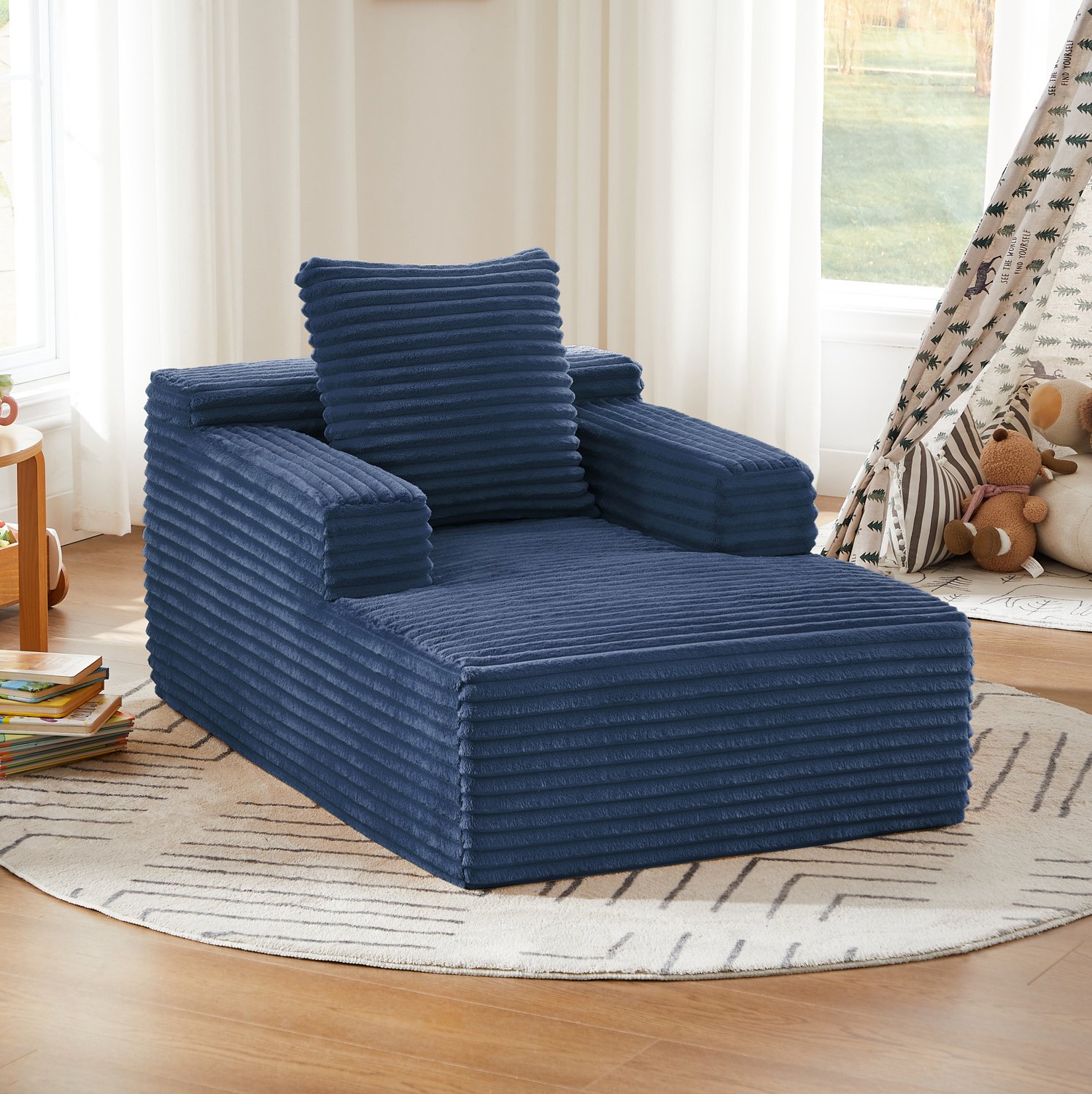 Wishdor Chaise longue 1-zits met armleuningen - Zonder montage - Als relaxstoel en slaapbank - Modern - Woonkamer kantoor appartement - Ribstof - Blauw - 117 x 81 x 50 cm