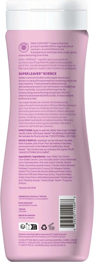 Achterzijde van Attitude Super Leaves shampoofles met ingrediënten en gebruiksaanwijzing in het Engels en Frans.