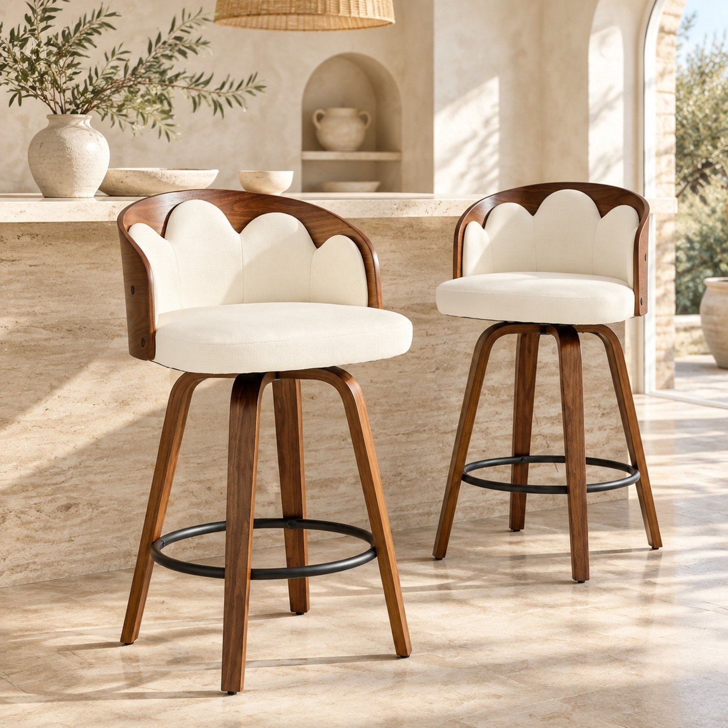 CHICFURN Barkruk - Set van 2 - Met voetsteun - Met rugleuning - Wit en bruin