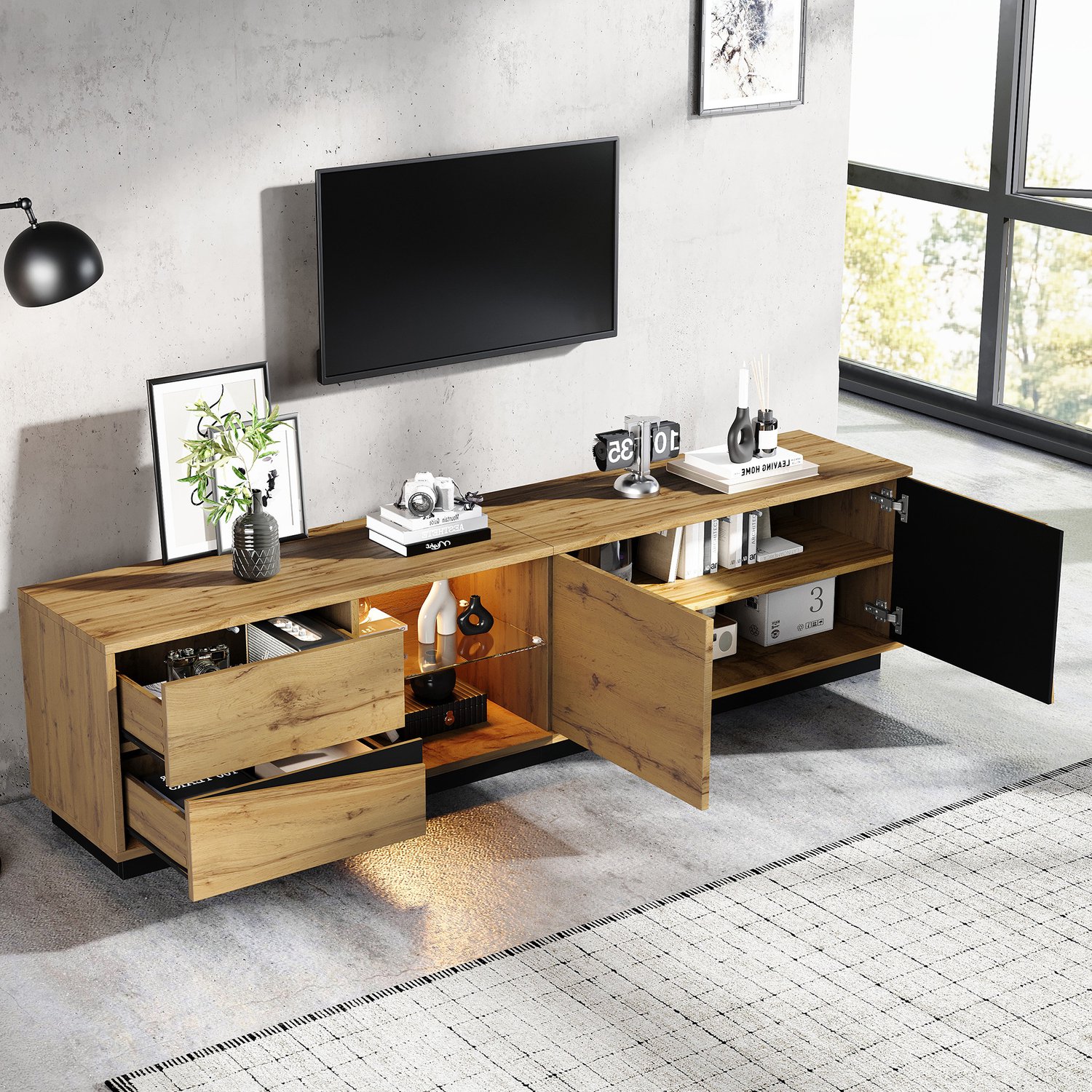 STILVORA Tv-Meubel - LED-Verlichting, 2 Laden En 2 Deuren - Voor Woonkamer - MDF En Glas - Naturel En Zwart - 180 x 35 x 45 Cm
