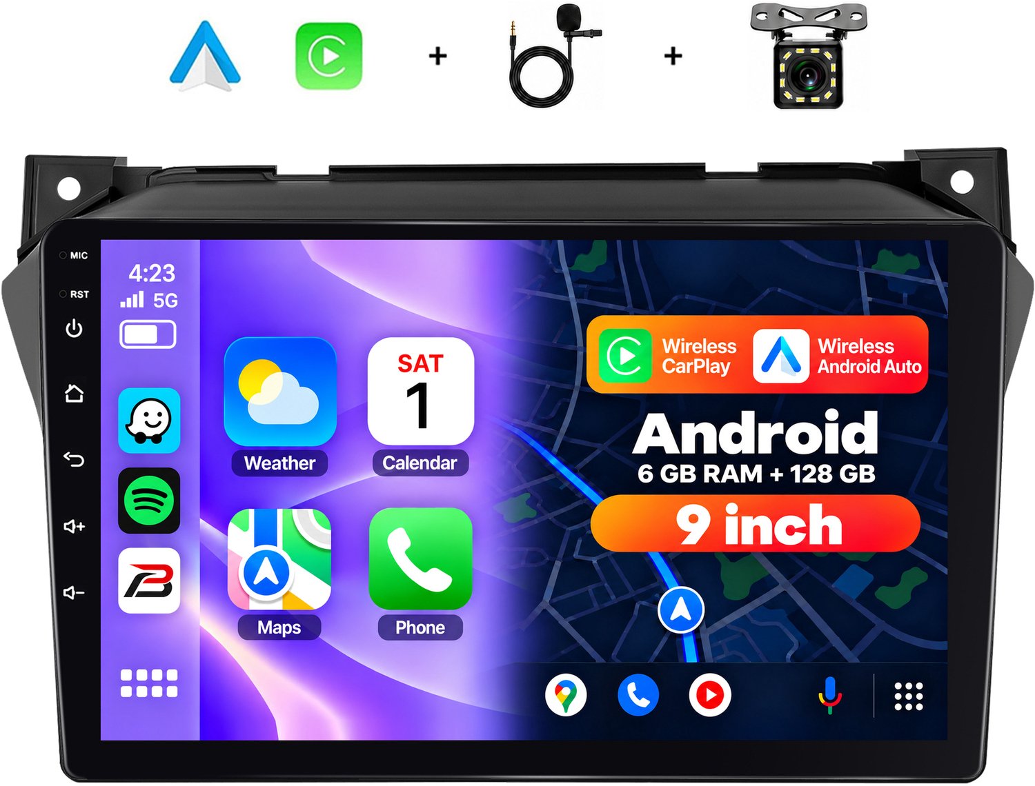 Boscer 2 Din Android 15 Autoradio - Geschikt voor Suzuki Alto 2009 - Draadloos Apple Carplay & Android Auto - 6+128GB - 9 Inch HD IPS Touchscreen - GPS Navigatie - WIFI, Bluetooth & USB - Achteruitrijcamera & Microfoon