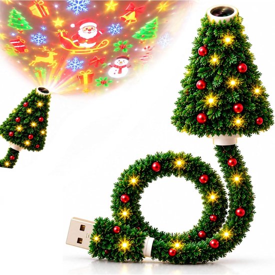 Kerstprojector - kerstboomprojector - plafondprojector binnen - met 6 feestelijke patronen - USB - Kerst Led-projector - Plug and Play - Projectorlamp - Mini Feestelijke Projector - Kerstdecoratie - Voor kamperen, auto, plafond en wanddecoratie