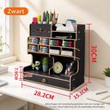 Zwarte bureau-organizer met maatvoering in cm: 30cm hoog, 28,2cm breed, 15,1cm diep.
