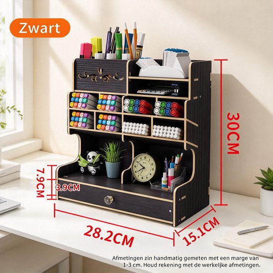 Zwarte bureau-organizer met maatvoering in cm: 30cm hoog, 28,2cm breed, 15,1cm diep.