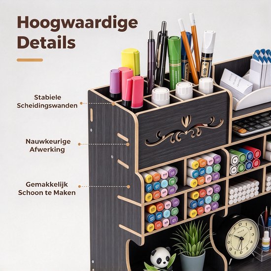 Close-up van bureau-organizer met labels: "Stabiele Scheidingswanden", "Nauwkeurige Afwerking", "Gemakkelijk Schoon te Maken".