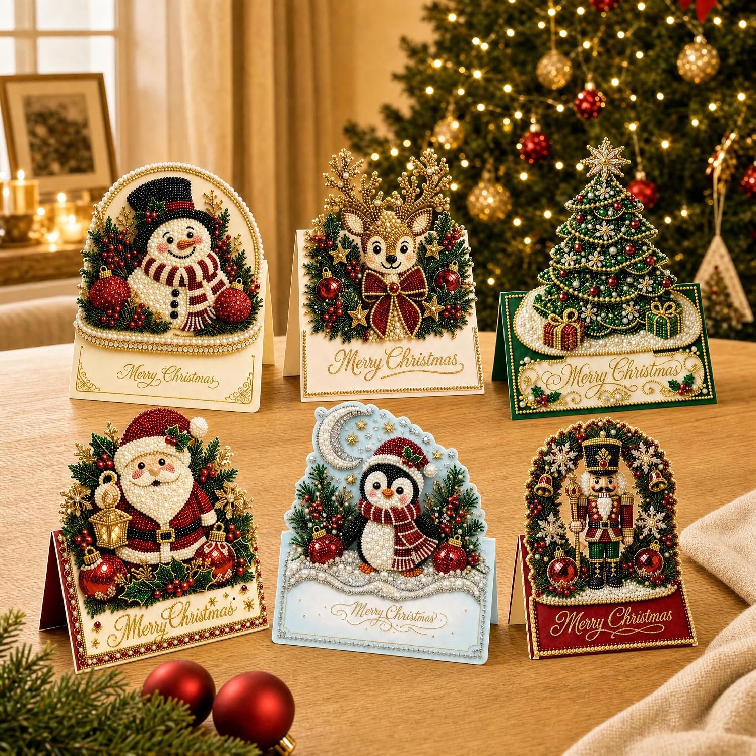 6-delige DIY Diamond Art Kerstwenskaartenset – Sneeuwman thema, compleet knutselpakket