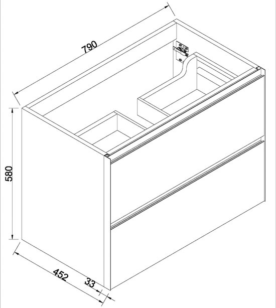 Technische tekening van het badkamermeubel met afmetingen 790mm, 580mm en 452mm.