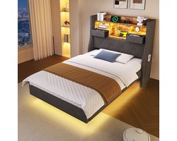 1-persoons bed 90x200 met LED en USB-C - Zwevend gestoffeerd bedframe,Tweepersoonsbed - donkergrijs - Hoofdeinde met opbergvak en snellaadpoort - App-gestuurde sfeerverlichting - 150 kg draagkracht, geschikt voor robotstofzuiger