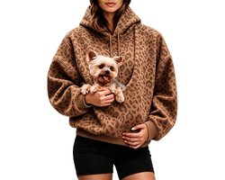 Huisdier Buidel Trui - Hoodie met huisdierenzak - Dieren Draagzak Hoodie - oversized fleece sweatshirt - Panterprint - met capuchon en trekkoord - Voor Kleine Hond & Kat - Maat XXL - Bruin