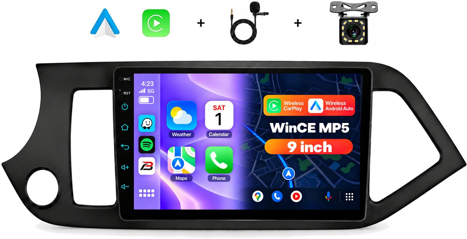 Boscer 2 Din Autoradio met Draadloos Apple CarPlay & Android Auto - Geschikt voor Kia Picanto (2011-2017) - 9 Inch IPS Scherm - Bluetooth, Handsfree Bellen & FM Radio - Achteruitrijcamera & Microfoon