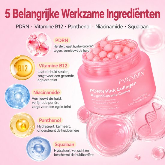 Infographic met 5 ingrediënten: PDRN, Vitamine B12, Niacinamide, Panthenol en Squalaan voor de roze capsulecrème.