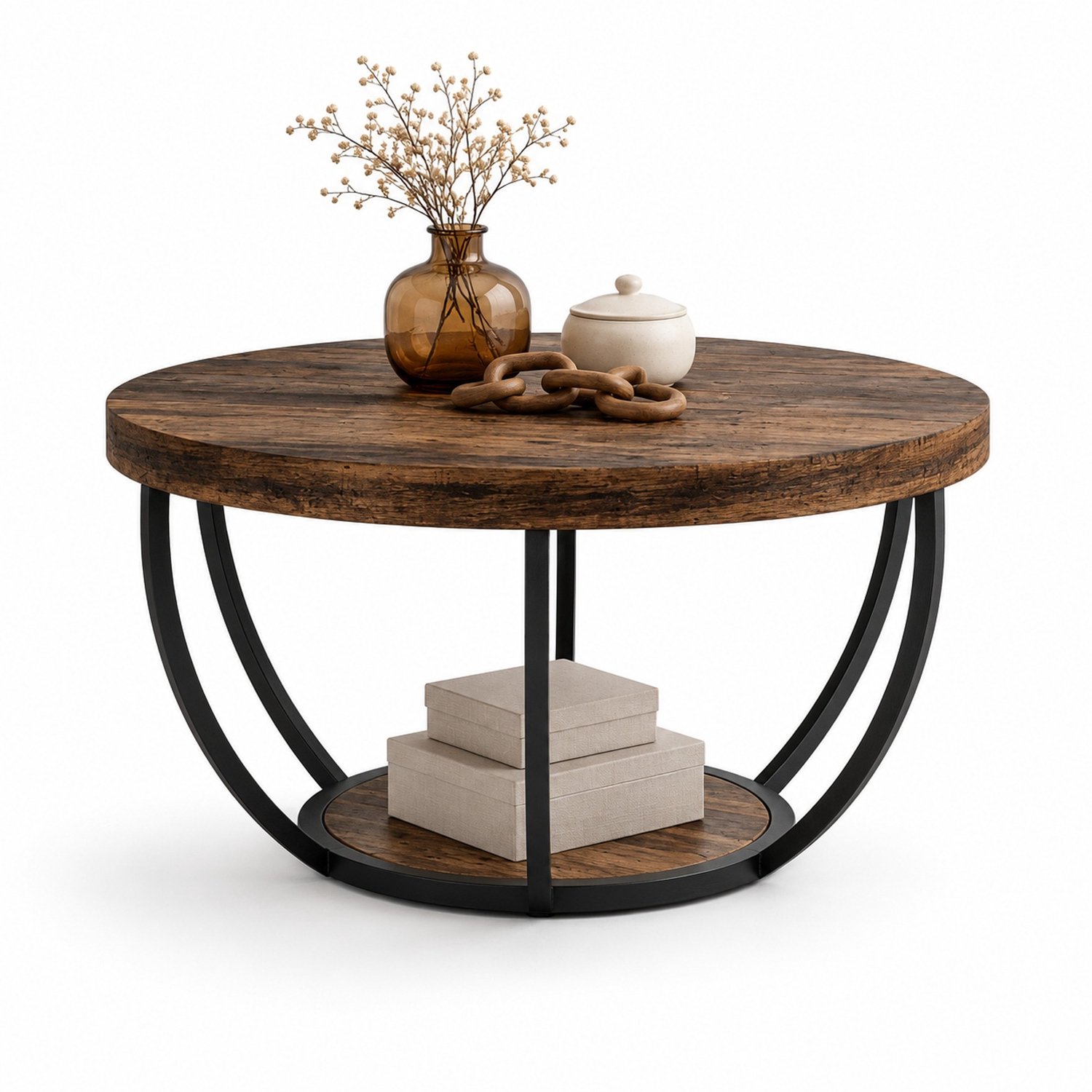 WUVRIE Ronde salontafel Ø 80 cm - 2 niveaus met metalen frame - Rustiek