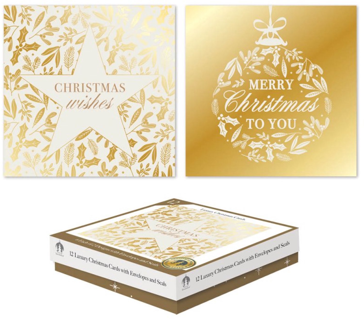 12 Luxe Kerstkaarten Vierkant Gold Wishes