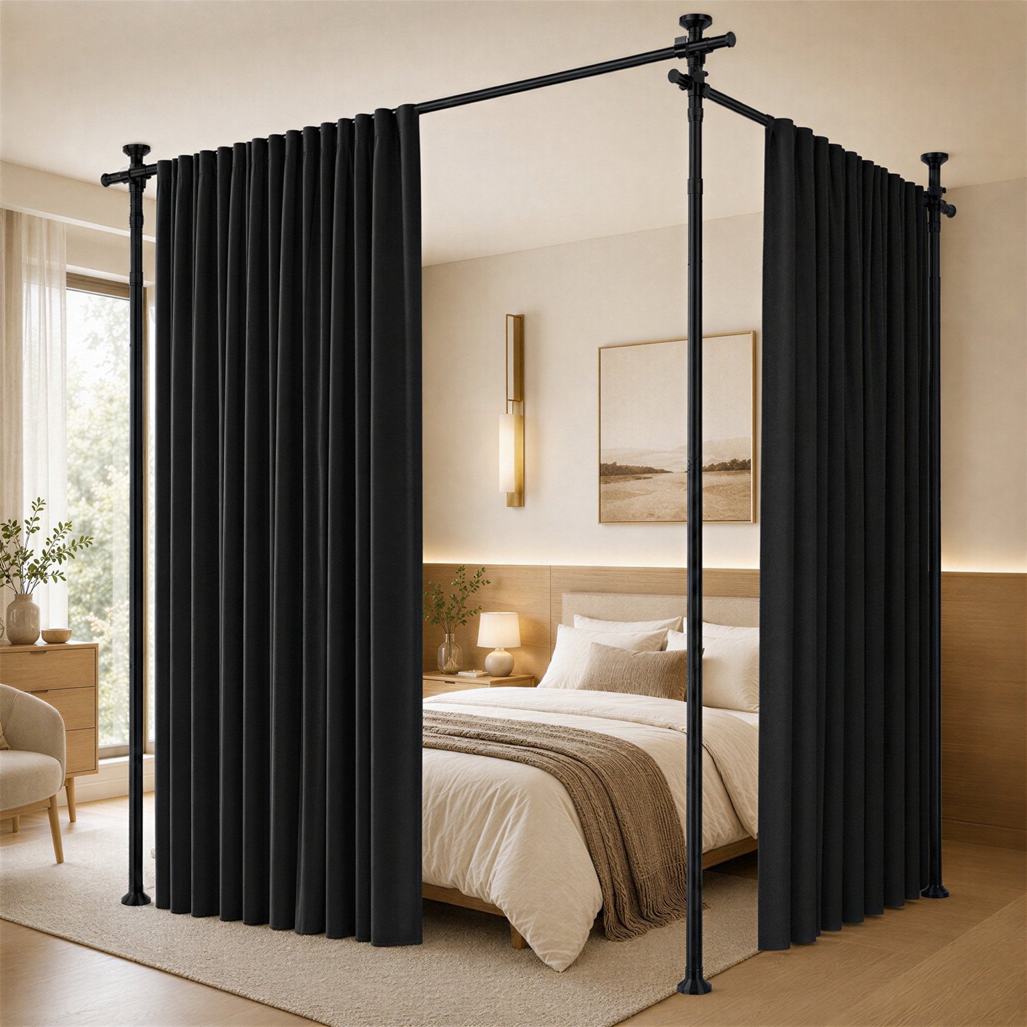 Kamerverdeler met Gordijnen - Zonder Boren - Verstelbaar 183-508 cm Breed en 110-300 cm Hoog - 3 Staanders en 2 Roedes - Zwart