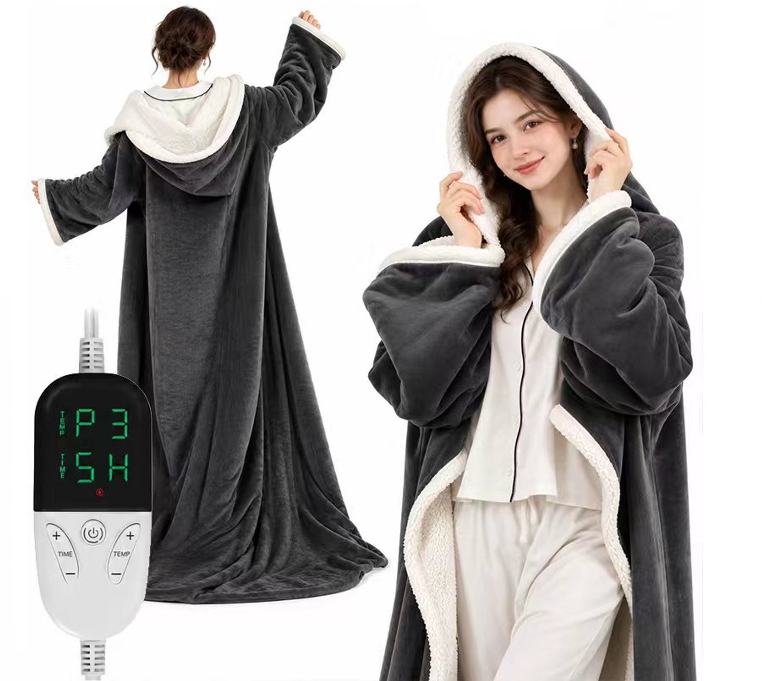 Elektrische Deken - 180x130cm - 38-50°C - 6 Standen - 10 Timers - Oplaadbare elektrische deken - 1 Persoons Bovendeken - Warmtedeken Met mouwen en capuchon - Verwarmde deken - Bovendeken - Fleece - Voor Thuis & Kantoor - Grijs