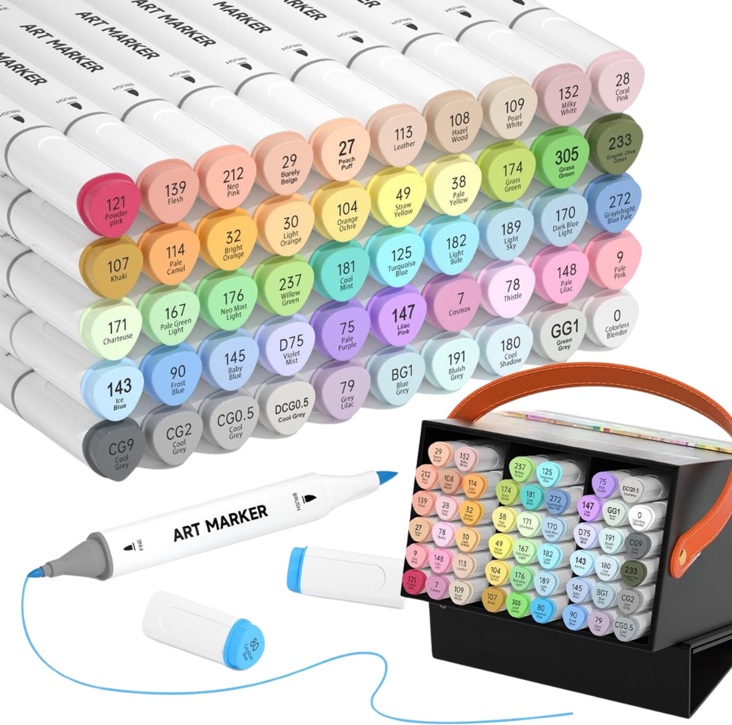 Verte - Alcohol Based Markers - 50 Kleuren + 1 Mengstift - Dubbele Punt (Breed En Fijn) - Inclusief Etui - Voor Illustraties En Schilderijen - Dubbele Stiften Voor Volwassenen En Kinderen