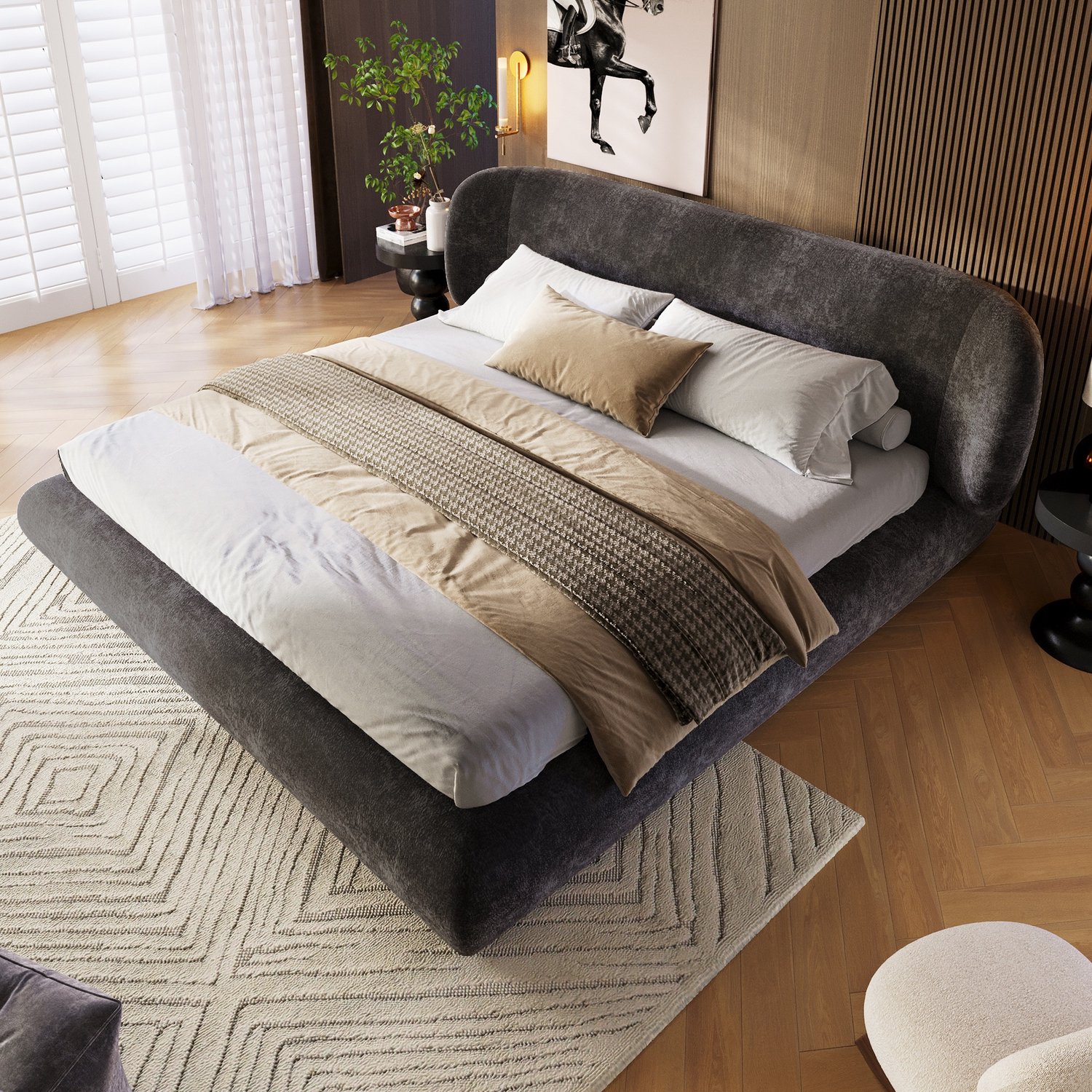 PHOEBE CAT Gestoffeerd bed - 160 x 200 cm - Tweepersoonsbed - Afgeronde hoeken - Chenille - Houten bedframe - Grijs