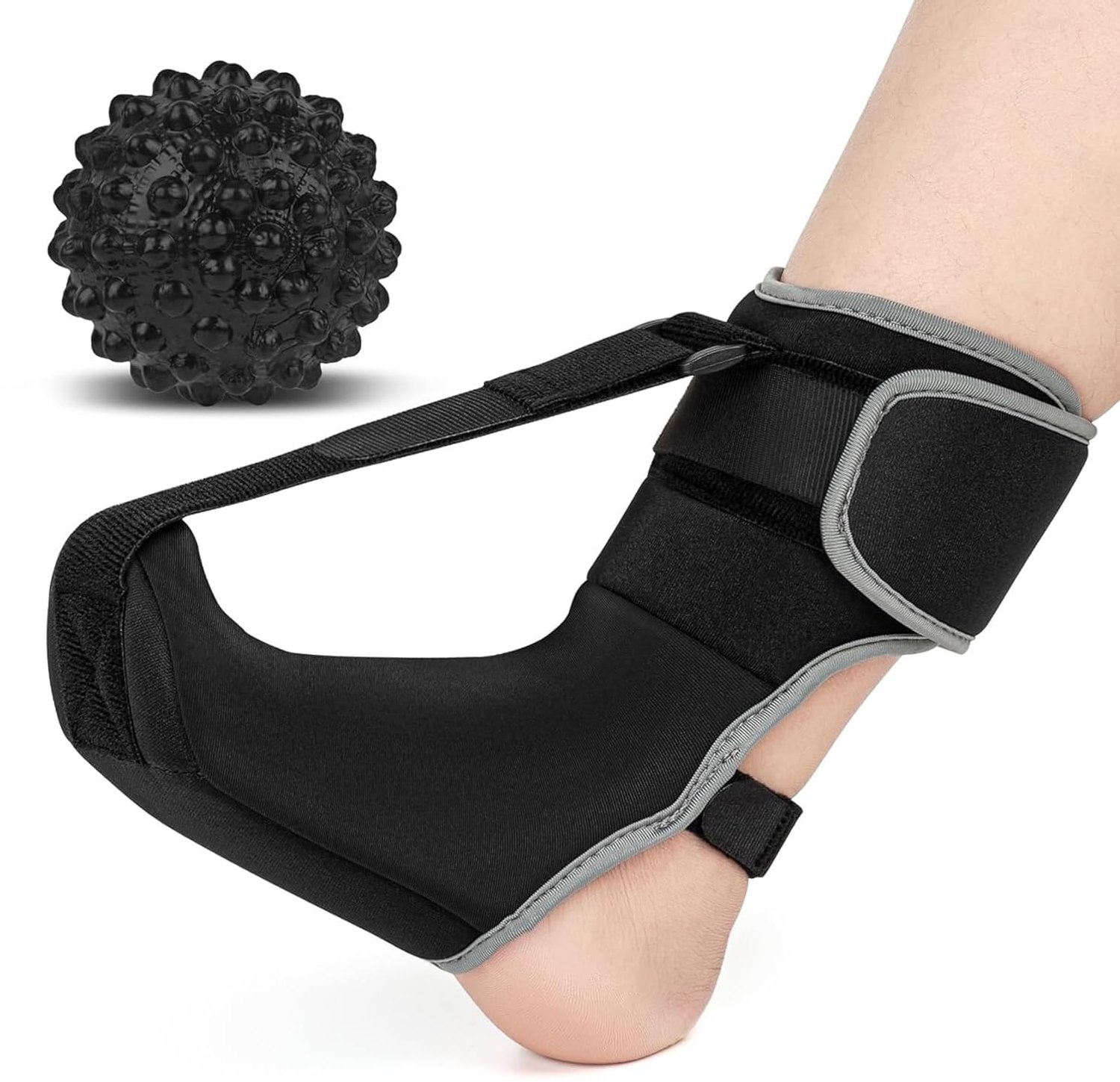 Nachtspalksok voor fasciitis plantaris met massagebal – Verlichting bij hielspoor, achillespeesontsteking, klapvoet en platvoeten – Zachte en comfortabele voetbrace voor dames en heren – Maat M, Zwart