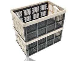 Vouwkrat 2 Stuks – 32 Liter – Boodschappenkrat Opvouwbaar – Opvouwbare Krat – Inklapbare Opbergkrat – Kunststof Stapelbare Kratten voor Auto en Opslag – Beige/Zwart