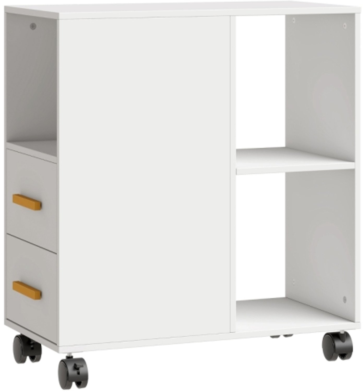 Printertrolley met 2 lades en 3 open vakken, witte printerstandaard op wielen met verstelbare plank, 60 × 30 × 65 cm