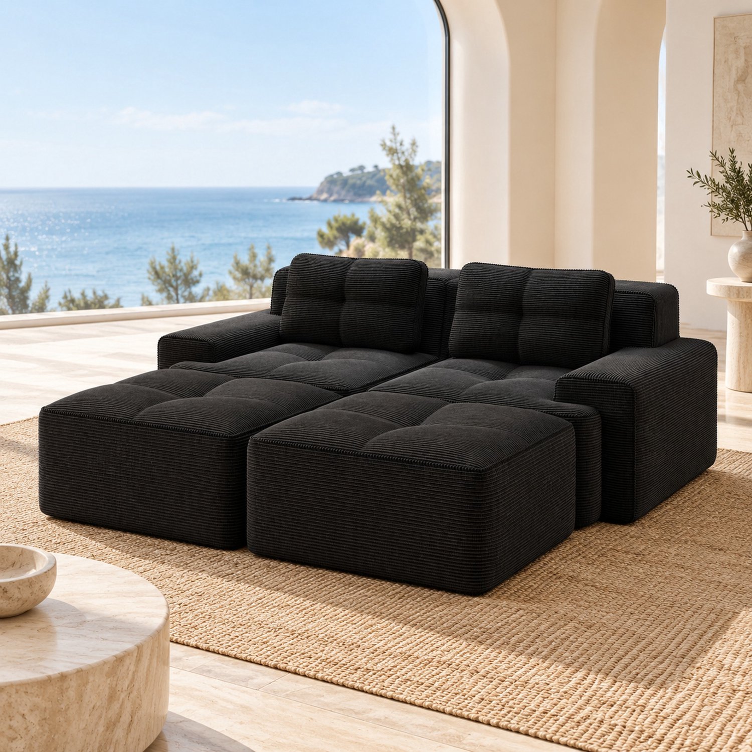 WUVRIE Modulaire U-bank 204x177 cm - 2-zits met ottoman en diepe zit - Zwart