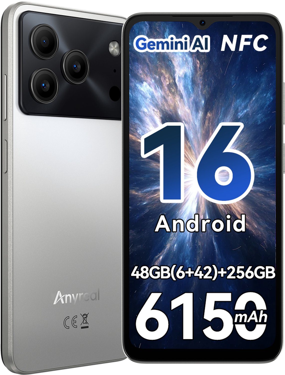 Anyreal Note 56 Plus Smartphone - 6,56 Inch - 48GB(6+24) RAM - 256GB ROM - 6150 mAh - Android 16 - Gemini AI - NFC GPS - Zilver