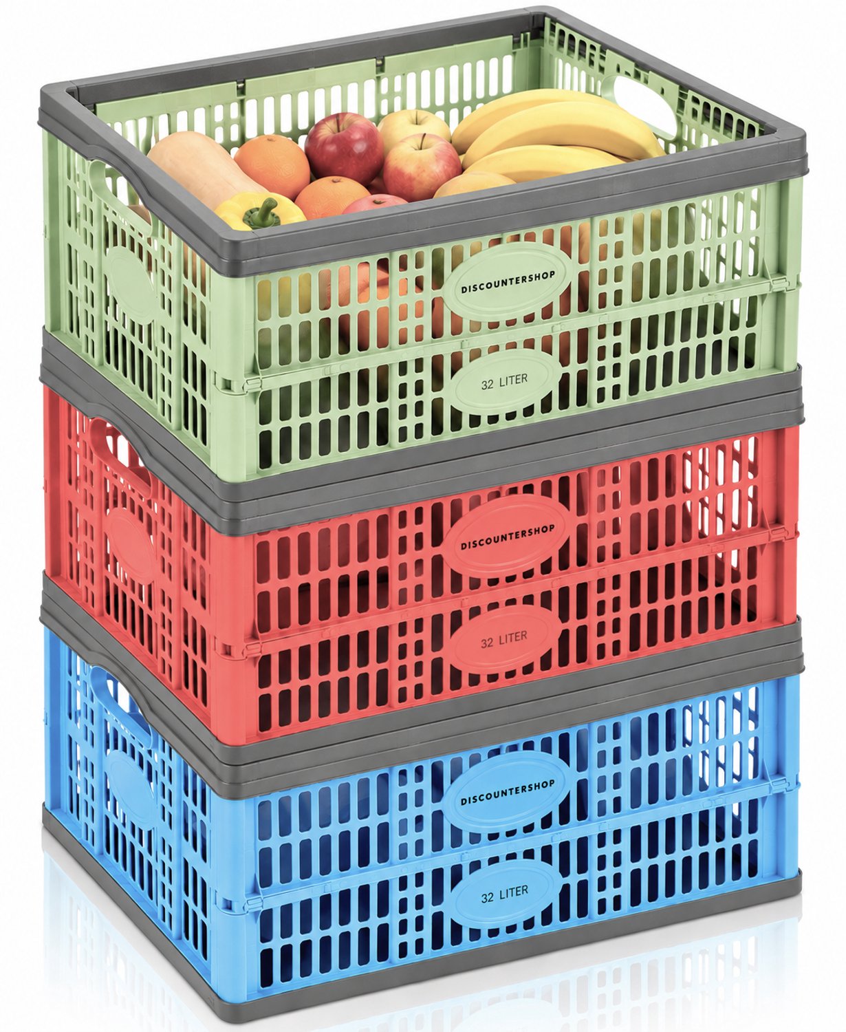 Vouwkrat 3 Stuks Assorti – 32 Liter – Boodschappenkrat Opvouwbaar – Opvouwbare Krat – Inklapbare Opbergkrat – Kunststof Stapelbare Kratten – Rood/Blauw/Groen
