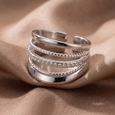 Lundholm Alba Brede Ring Dames Zilverkleurig – Gelaagde Statement Ring met Steentjes en Bolletjes – Premium Stainless Steel – Verstelbare Ring One Size – Brede Ring Zilver Kleurig met Steentjes – Waterproof – Sieraad Cadeau voor Haar