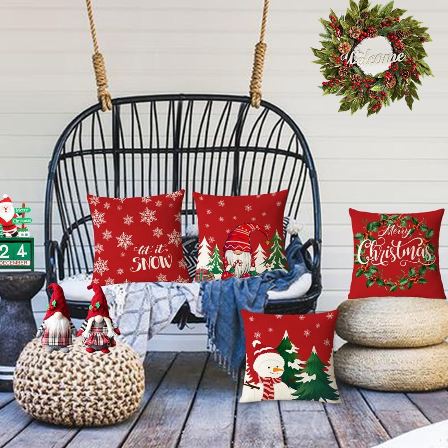 Set van 4 - Kerst kussensloop - Kussenhoes - Kerstkussenslopen - 45 x 45 cm - Kerst decoratie - Kussenhoesjes - Winter vakantie kerstdecoratie - Thuis bank kussen - Binnen decoraties - Voor decoratie Kerstmis, bank, slaapkamer - Linnen - Rood – foto 4