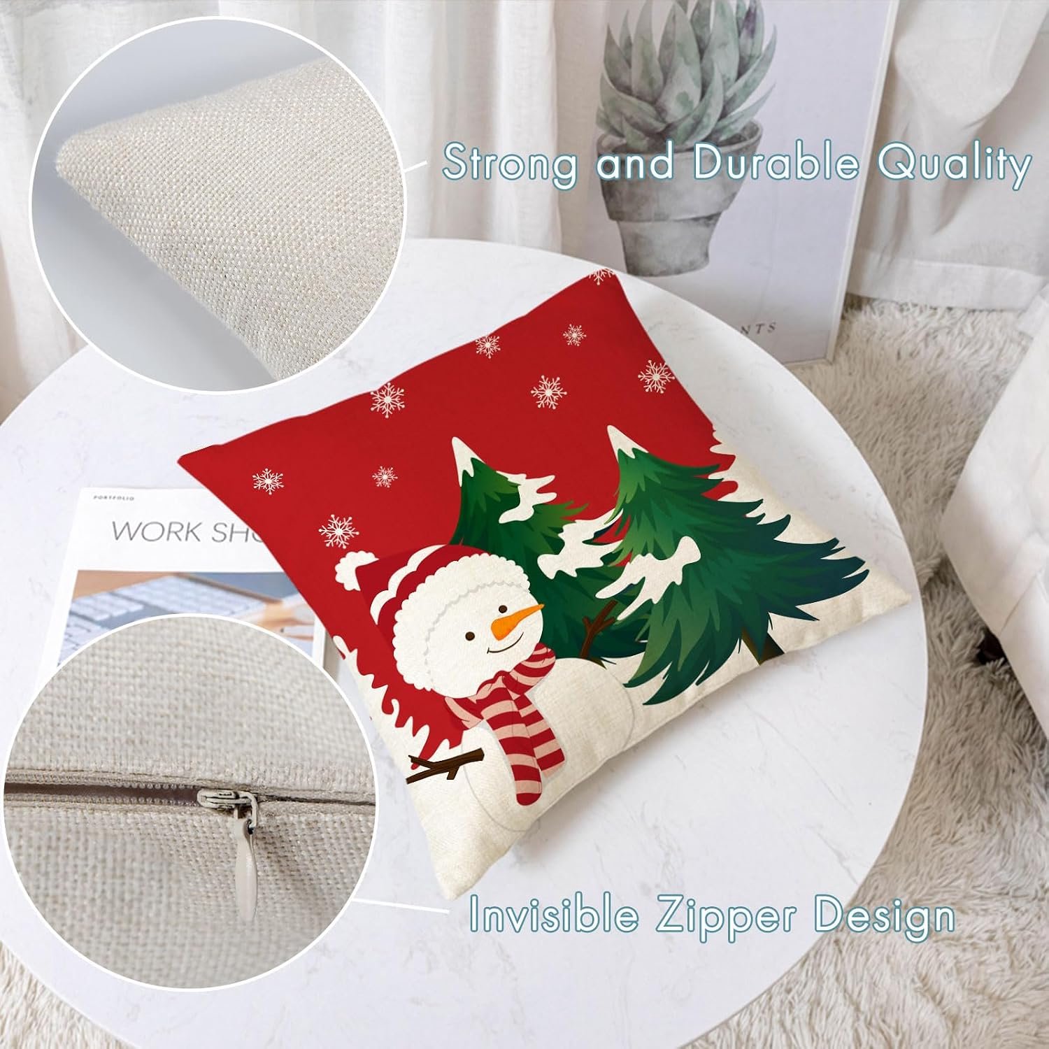 Set van 4 - Kerst kussensloop - Kussenhoes - Kerstkussenslopen - 45 x 45 cm - Kerst decoratie - Kussenhoesjes - Winter vakantie kerstdecoratie - Thuis bank kussen - Binnen decoraties - Voor decoratie Kerstmis, bank, slaapkamer - Linnen - Rood – foto 2