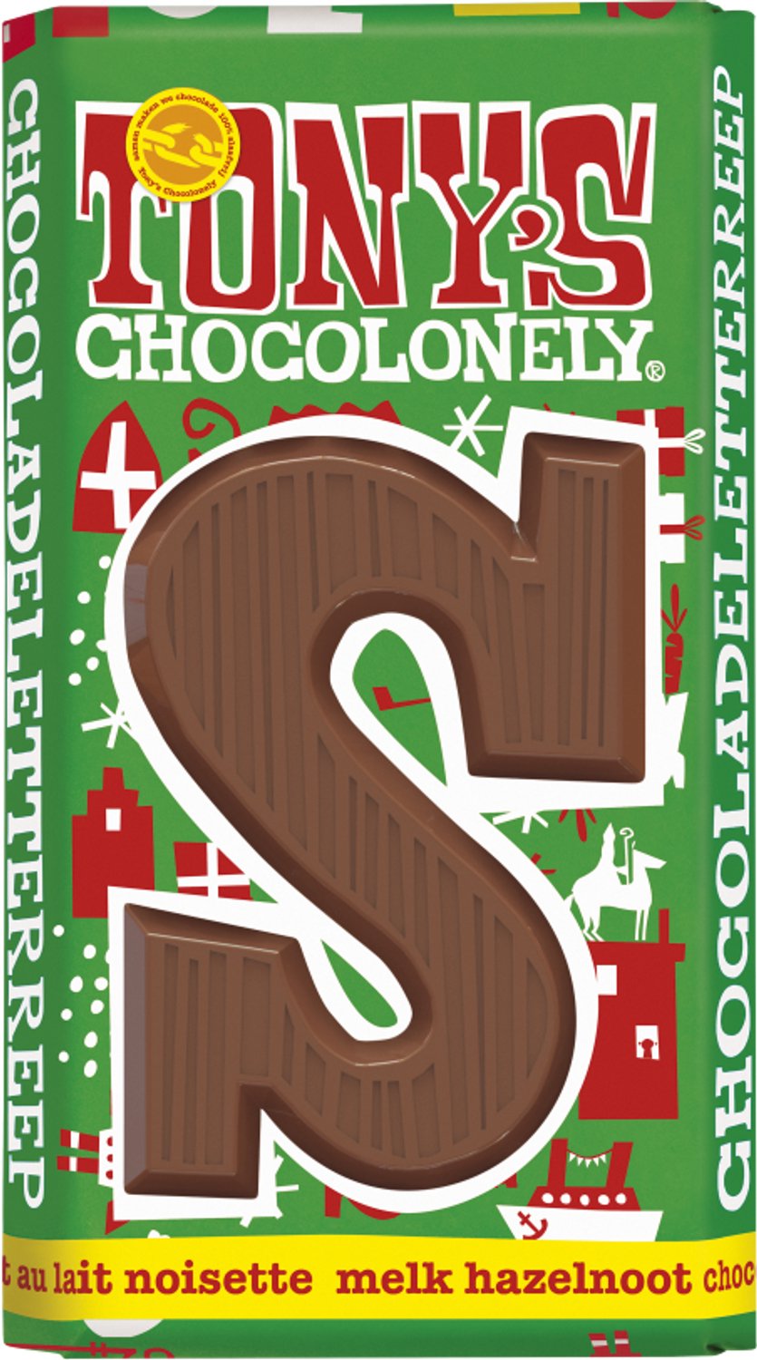 Tony's Chocolonely - Chocoladeletter reep Melk Hazelnoot S - Sinterklaas - Schoencadeautjes - Sint Cadeau - 15 x 180 Gram - Fairtrade Belgische Chocola