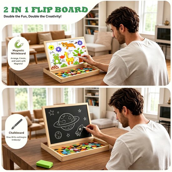 Magnetische Houten Puzzel - Houten Speelgoed Met Dubbelzijdig Bord - Pedagogische Leerpuzzel - Kan Op De Koelkast Plakken — afbeelding 5