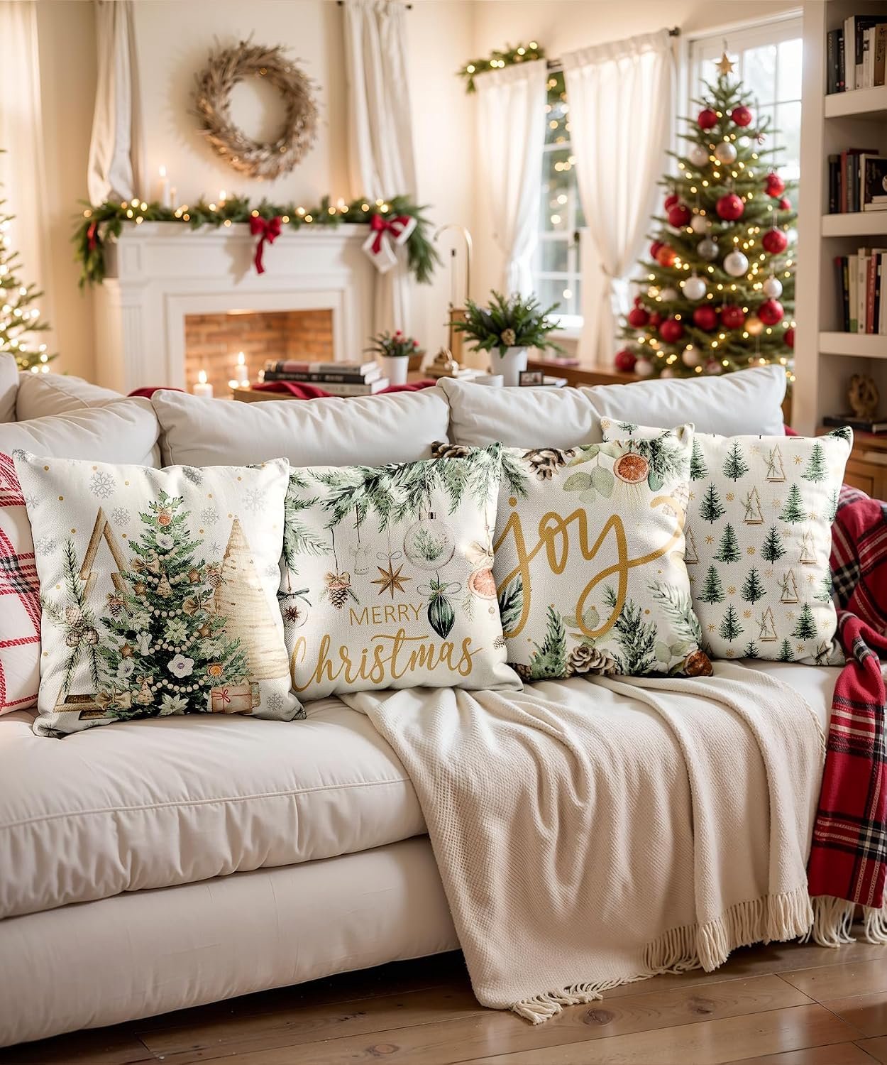Set van 4 - Kerst kussensloop - Kussenhoes - Kerstkussenslopen - 45 x 45 cm - Kerst decoratie - Kussenhoesjes - Winter vakantie kerstdecoratie - Thuis bank kussen - Binnen decoraties - Voor decoratie Kerstmis, bank, slaapkamer - Polyester - Beige – foto 5