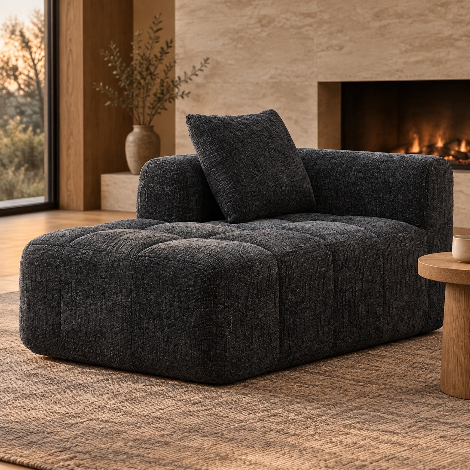 WUVRIE Chaise longue 158x90x60 cm - Met kussen en zijvakken - Zwart
