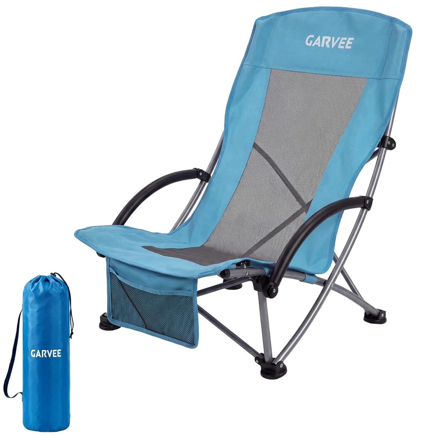 Heidat Opvouwbare Strandstoel - Lage Campingstoel met Hoge Rugleuning – Zithoogte 26 cm – Bekerhouder – Inclusief Draagtas - Blauw