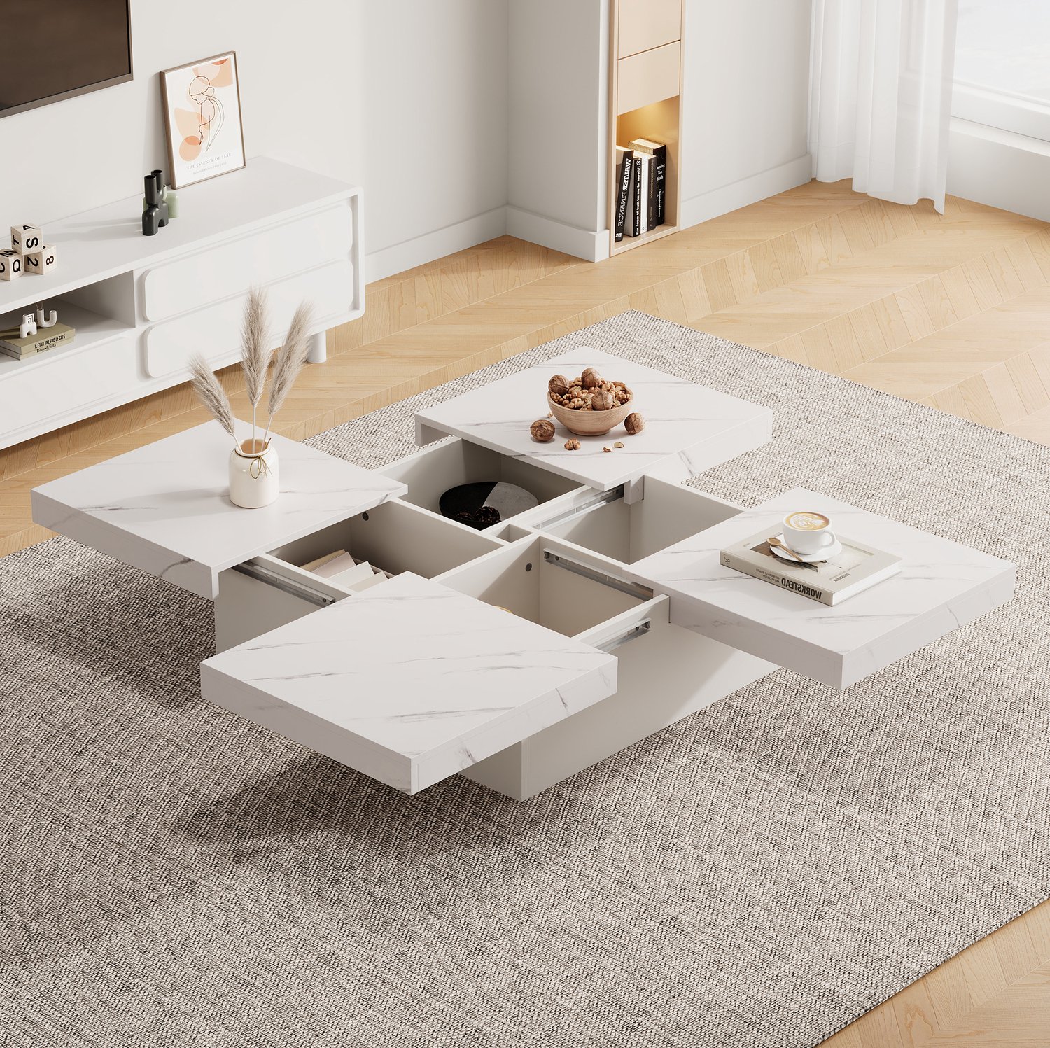 Maisentiel Salontafel 90 x 90 x 25 cm – 4 lades, schuifbaar blad, wit marmerlook