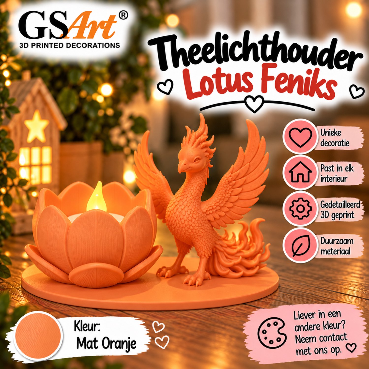 GSArt Theelichthouder Lotus Feniks – Inclusief LED Theelichtje – 3D Geprint - Mat Oranje