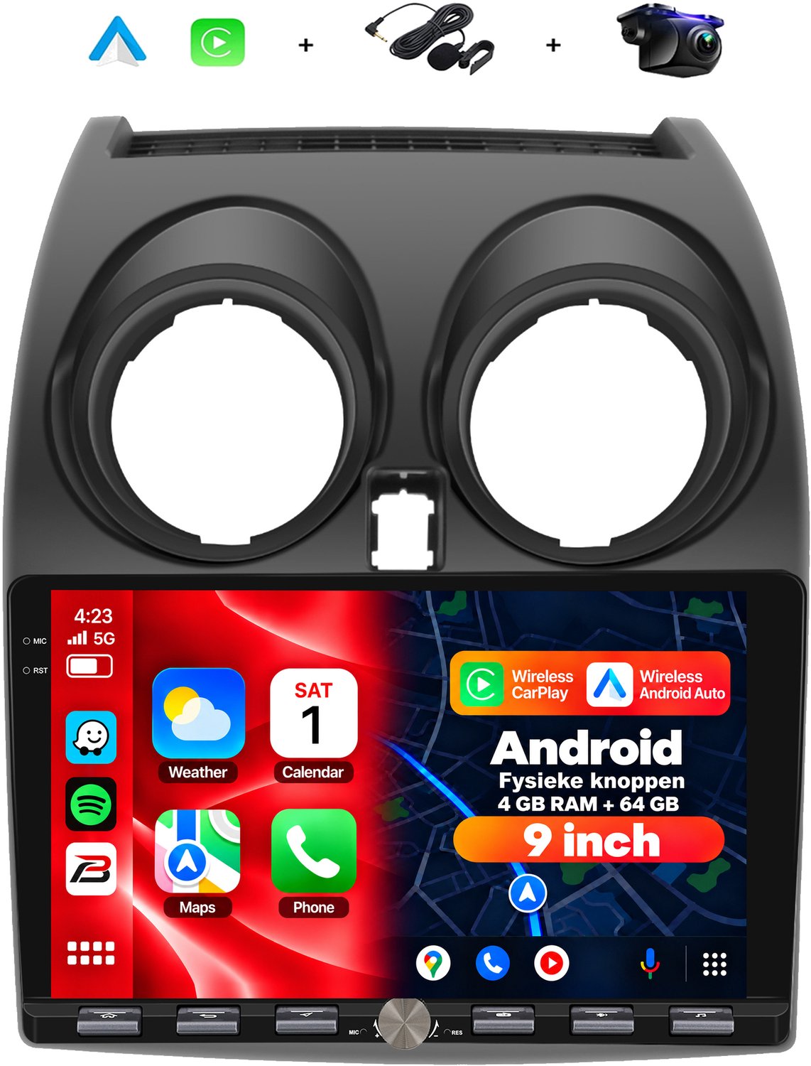 Boscer 2 Din Autoradio - Geschikt voor Nissan Qashqai (2006-2016) - Draadloos Apple CarPlay & Android Auto - Vernieuwd Bedieningspaneel - 9 Inch HD Touchscreen - Android 15 - 4+64GB - GPS - WiFi, Bluetooth & USB - Achteruitrijcamera & Microfoon