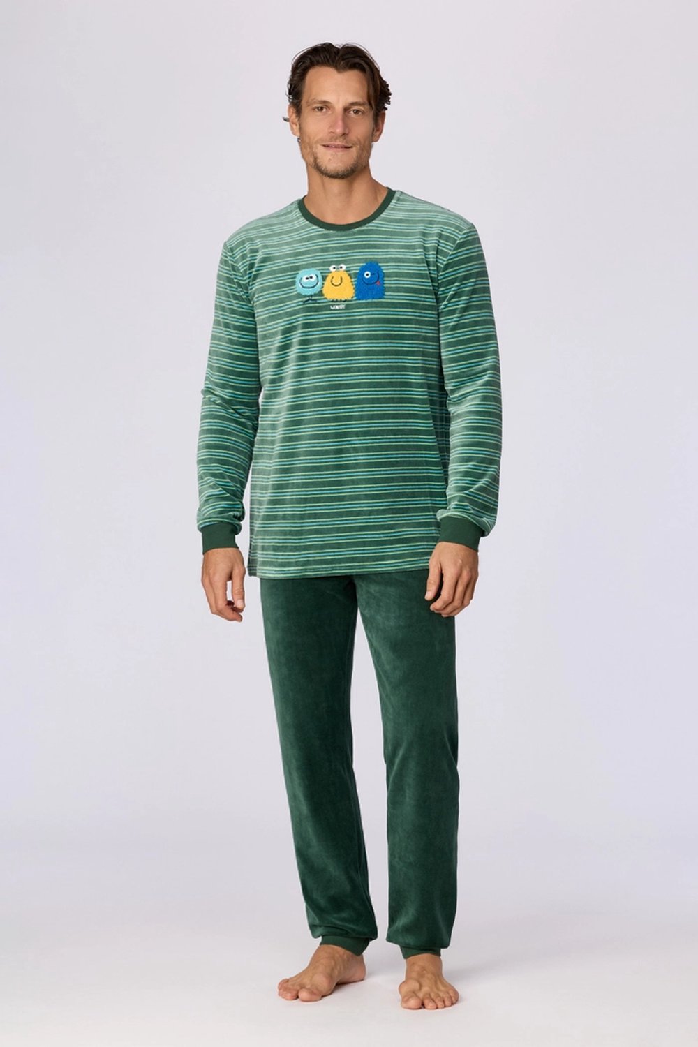 Woody pyjama jongens/heren velours - donkergroen gestreept - space buddies - 262-10-PLC-V/922 - maat XXL