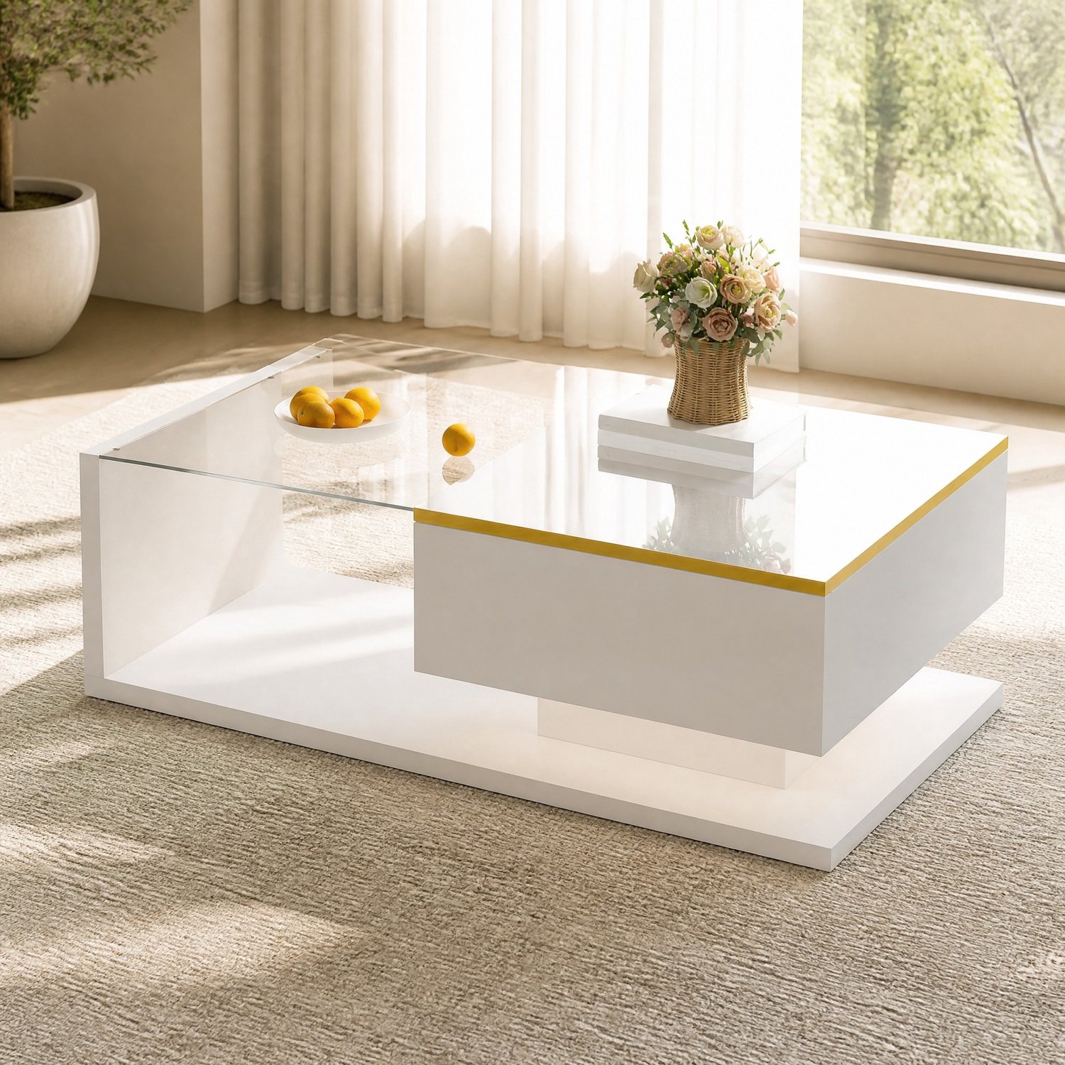 WUVRIE Salontafel 90x50x32,5 cm - Glazen blad, opbergruimte en LED-verlichting - Hoogglans wit