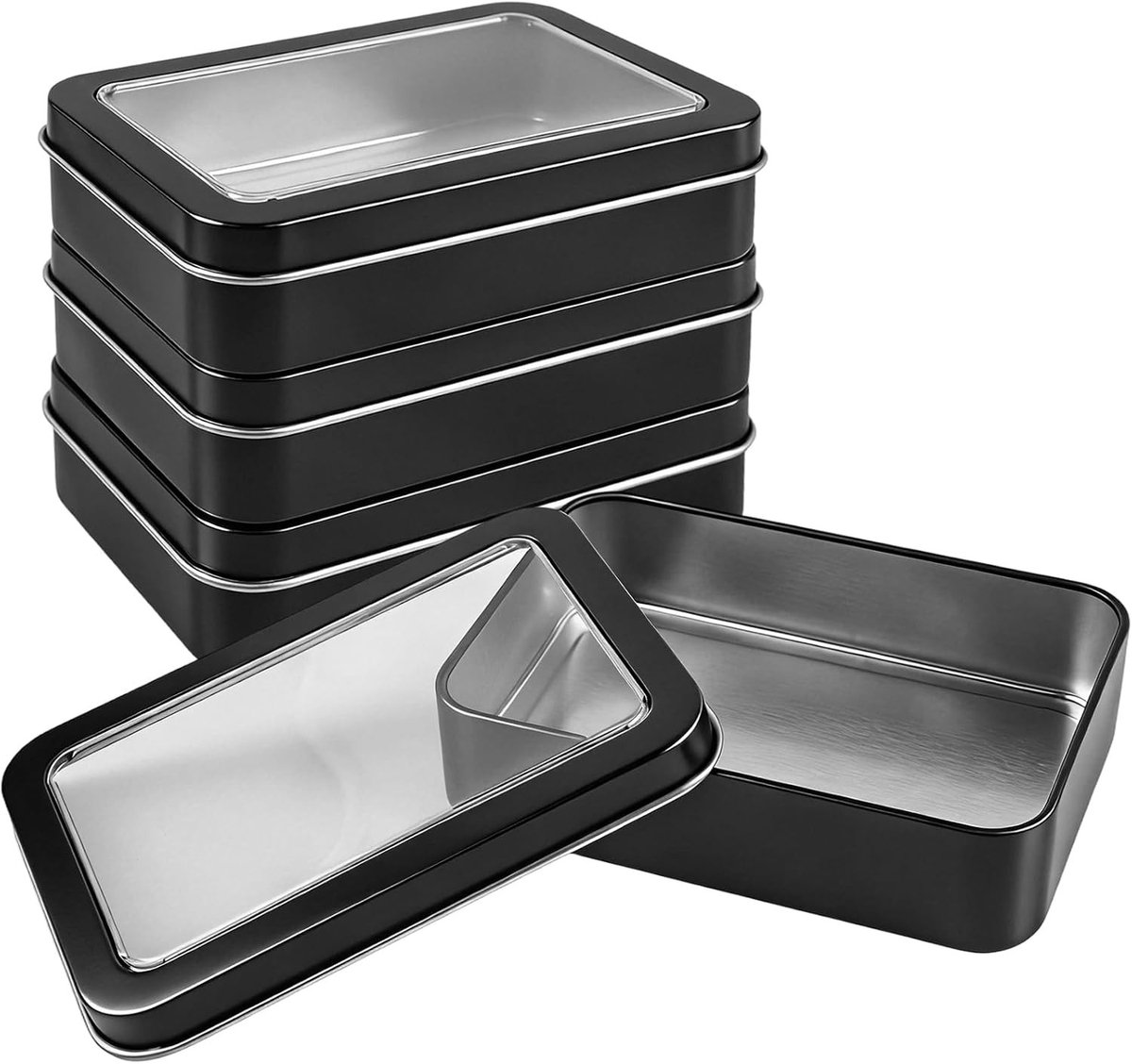 Set van 4 metalen opbergdozen met doorzichtige deksel, 10,7 x 7,3 x 2,5 cm, ideaal voor organisatie en opslag