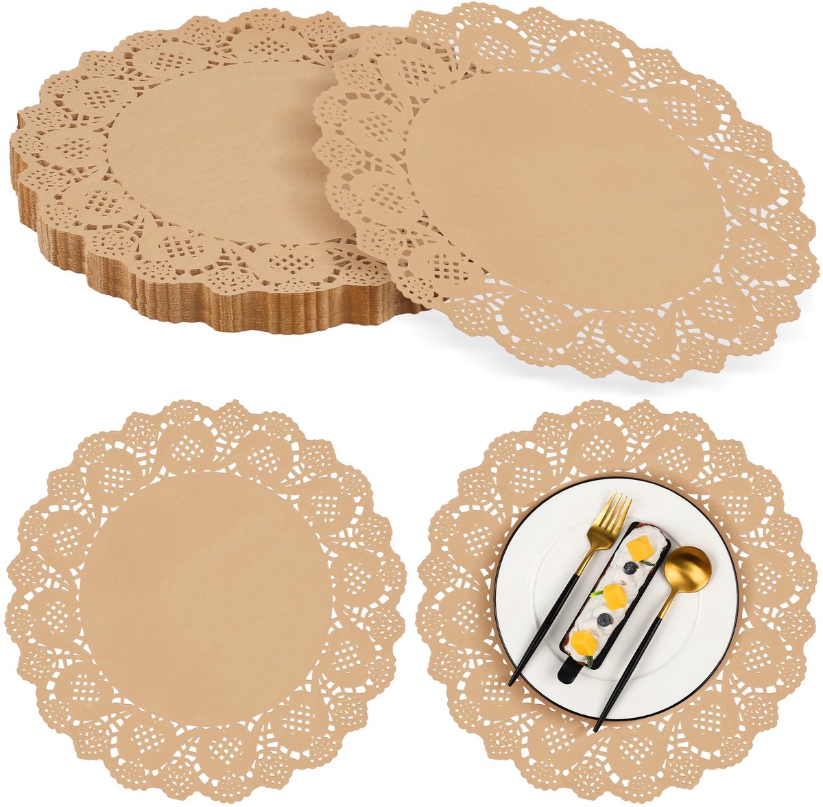 Set van 100 ronde onderzetters van bruin kraftpapier (13,5 inch) — Vintage wegwerponderleggers met geschulpte rand voor eten, taarten, knutselwerkjes, feestjes, bruiloften en tafeldecoratie.