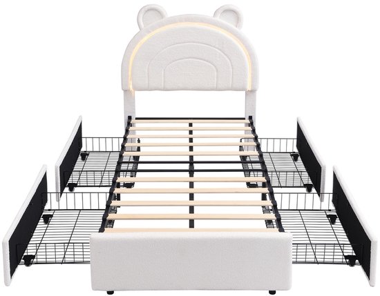 Wit kinderbed met een beerhoofd hoofdbord, ledverlichting en 4 uittrekbare lades.