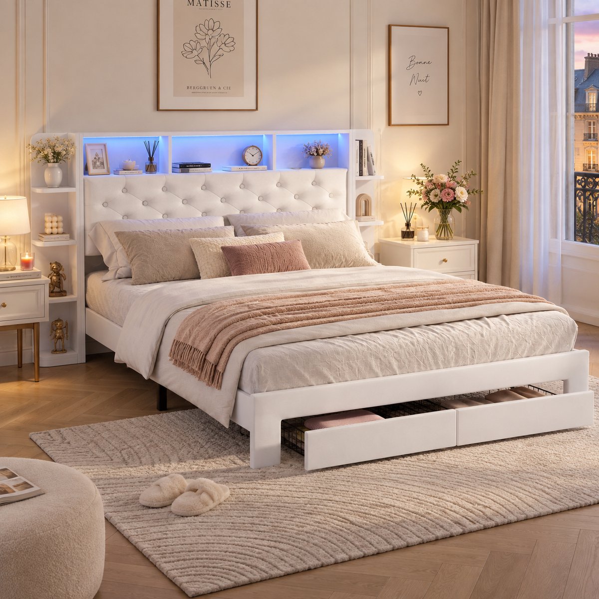 MEXUS Tweepersoonsbed 160x200 met 2 lades en nachtkastje, met led- en usb-aansluiting, opbergbed met lattenbodem en hoofdbord, bedframe voor volwassenen en tieners, fluweel Wit Beige