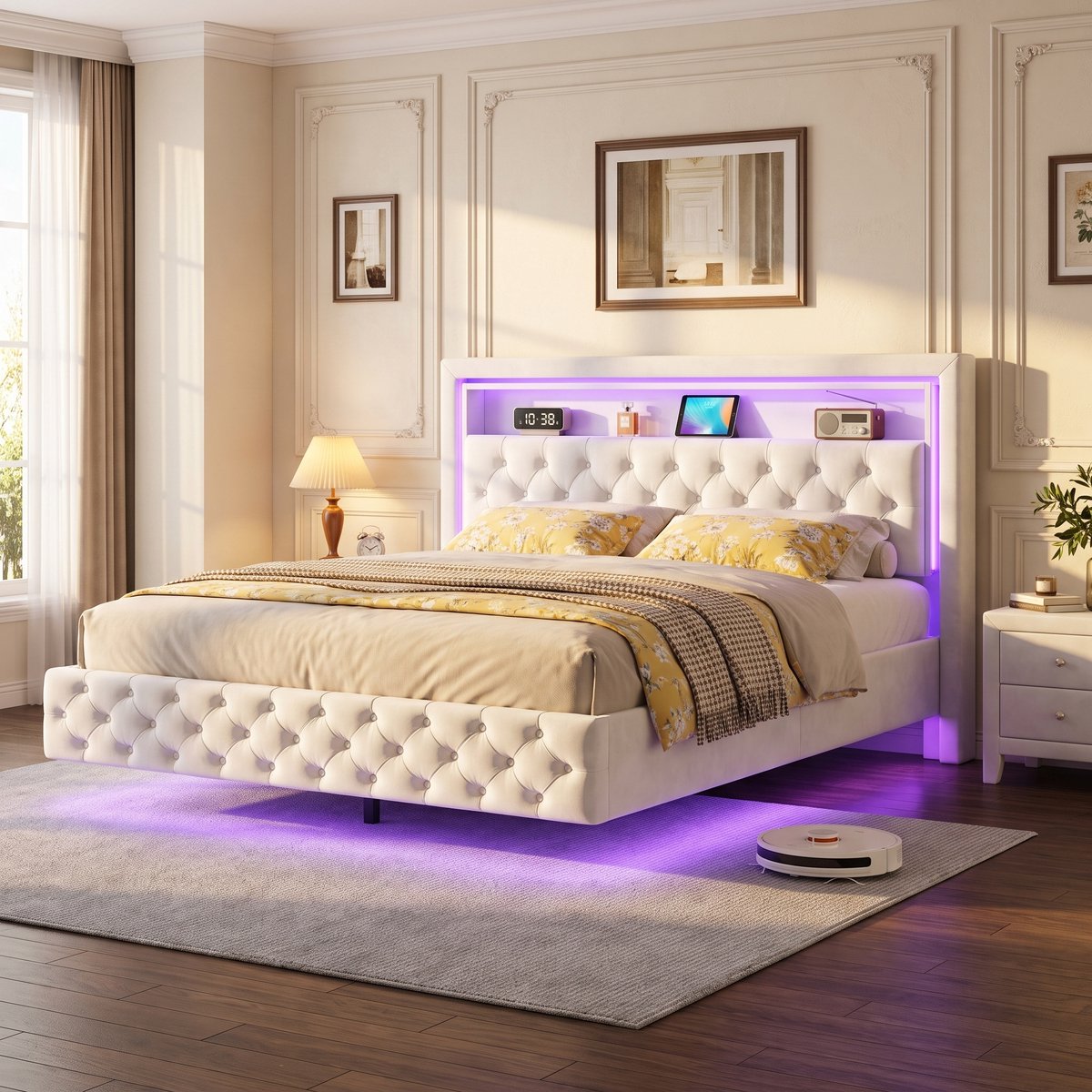 MEXUS Zwevend Tweepersoonsbed (160 x 200 cm) LED/USB, Gestoffeerd Hoofdbord Opbergruimte Creëer Moderne, Luxueuze Slaapkamer Technologisch Tintje (Wit, 160 x 200 cm)