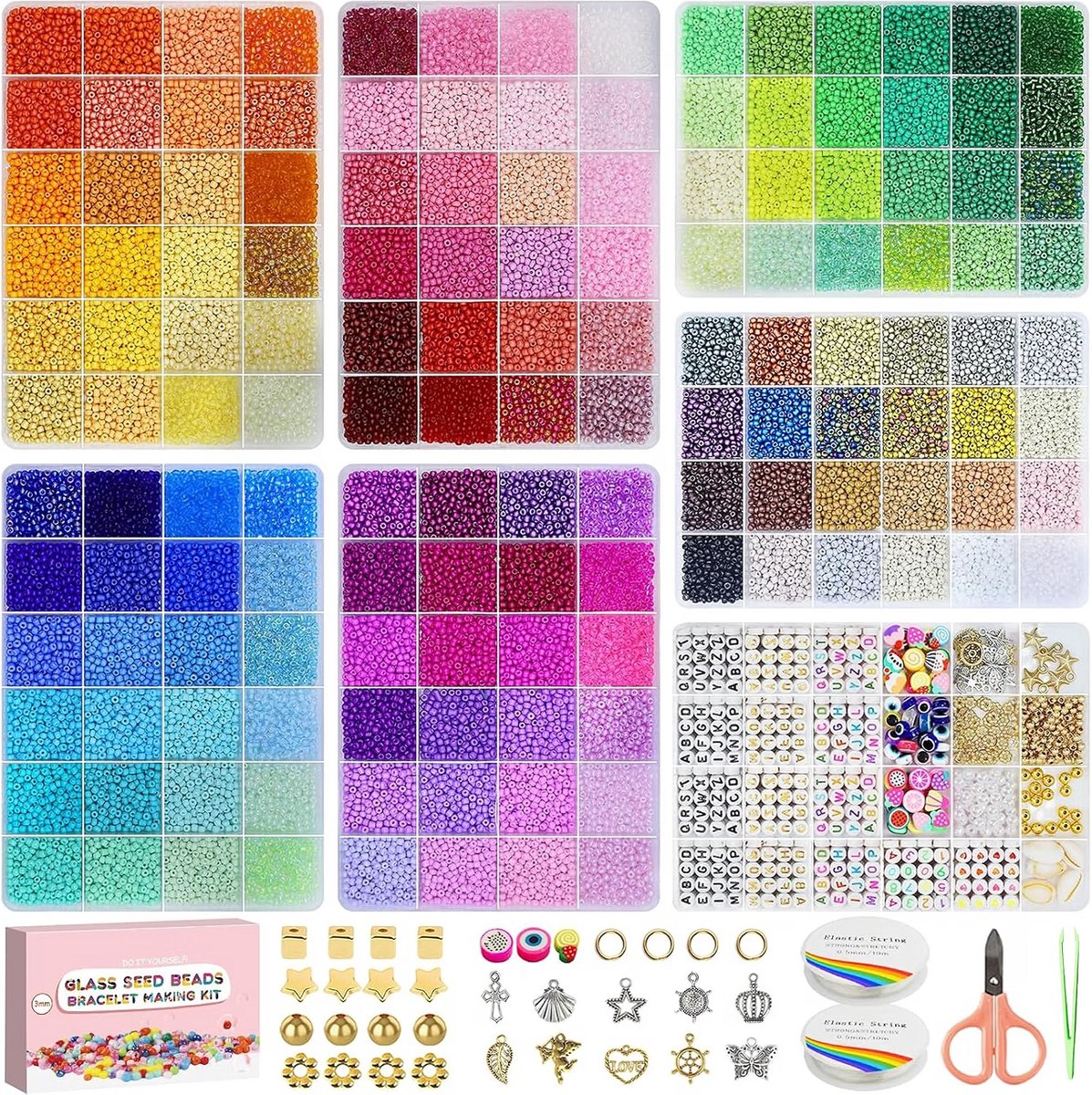 Kralenset voor armbanden - Glaskralen 3 mm - Sieraden zelf maken - Vriendschapsbandjes knutselen - Inclusief letterkralen - Met metalen bedels - Elastisch koord - Multicolor - 45000 stuks